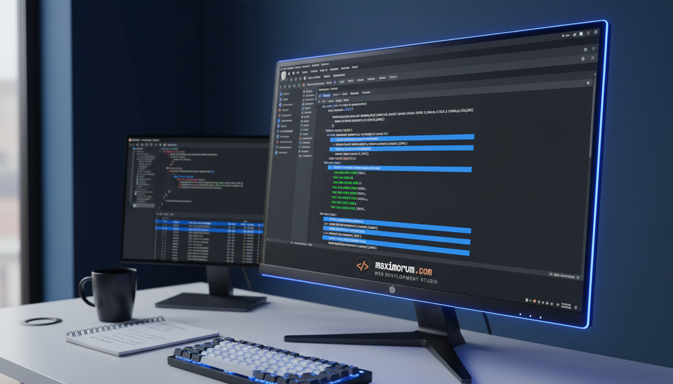 Developer workspace showing WordPress REST API documentation on a monitor with Laravel PHP code