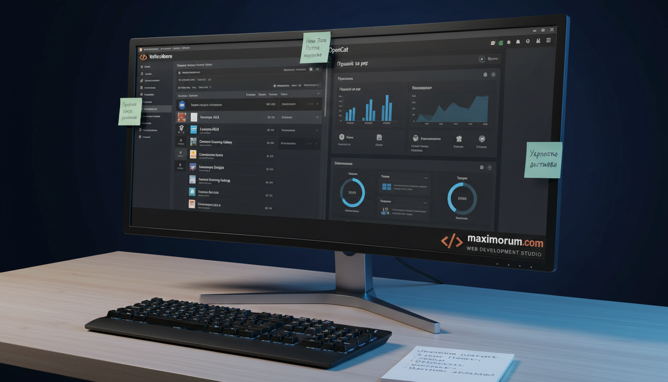 Монітор розробника з порівнянням інтерфейсів WooCommerce та OpenCart у професійному офісному середовищі