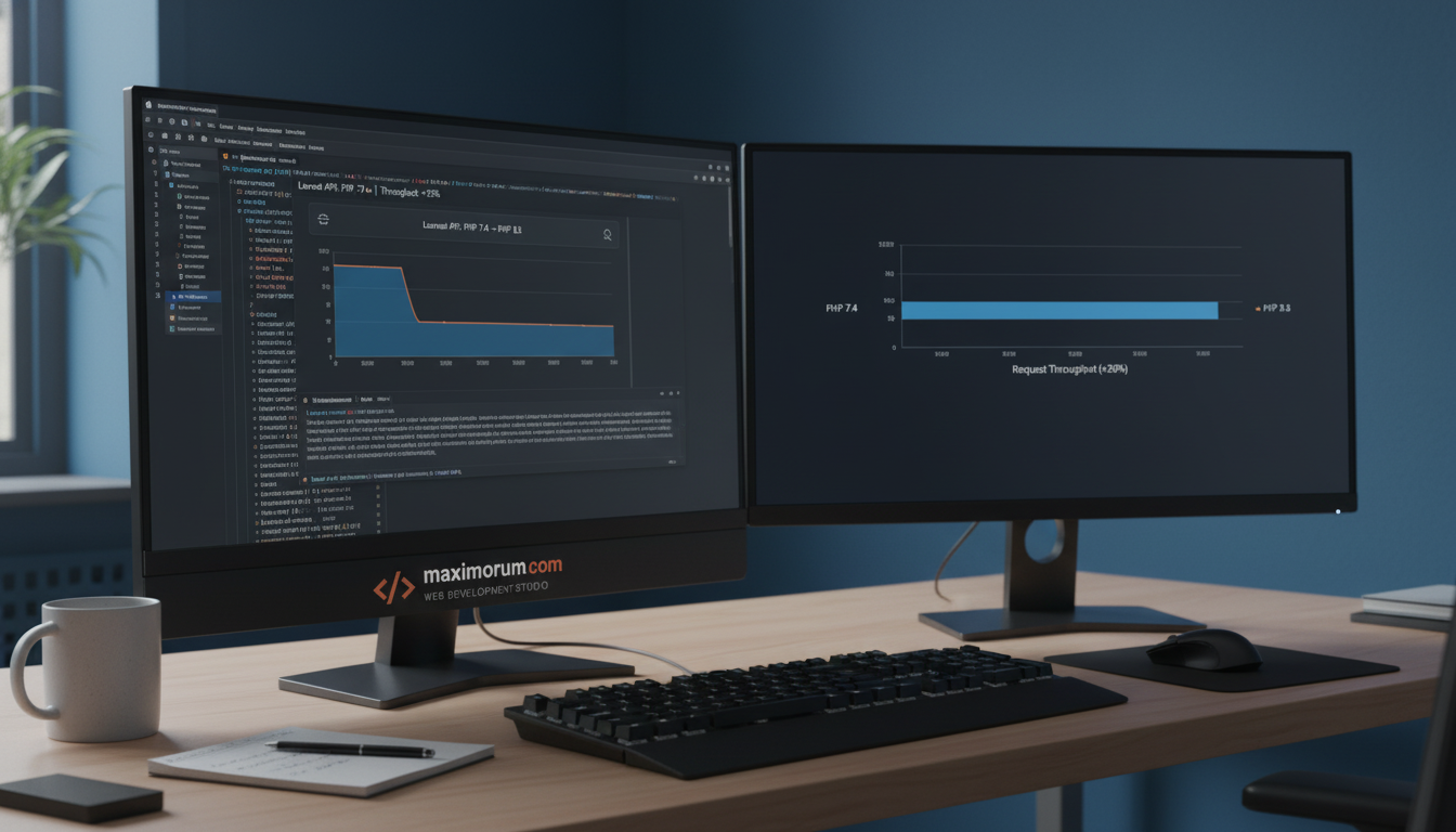 Developer workstation showing PHP 8.3 performance benchmarks on dual monitors in a professional office environment