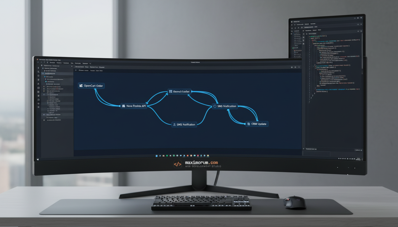n8n workflow automation dashboard connected to Laravel, Nova Poshta API and CRM on a developer monitor
