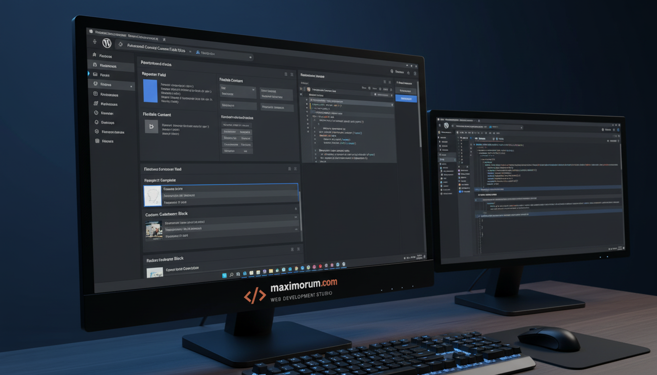 WordPress ACF Pro field group builder у редакторі адмін-панелі на моніторі розробника
