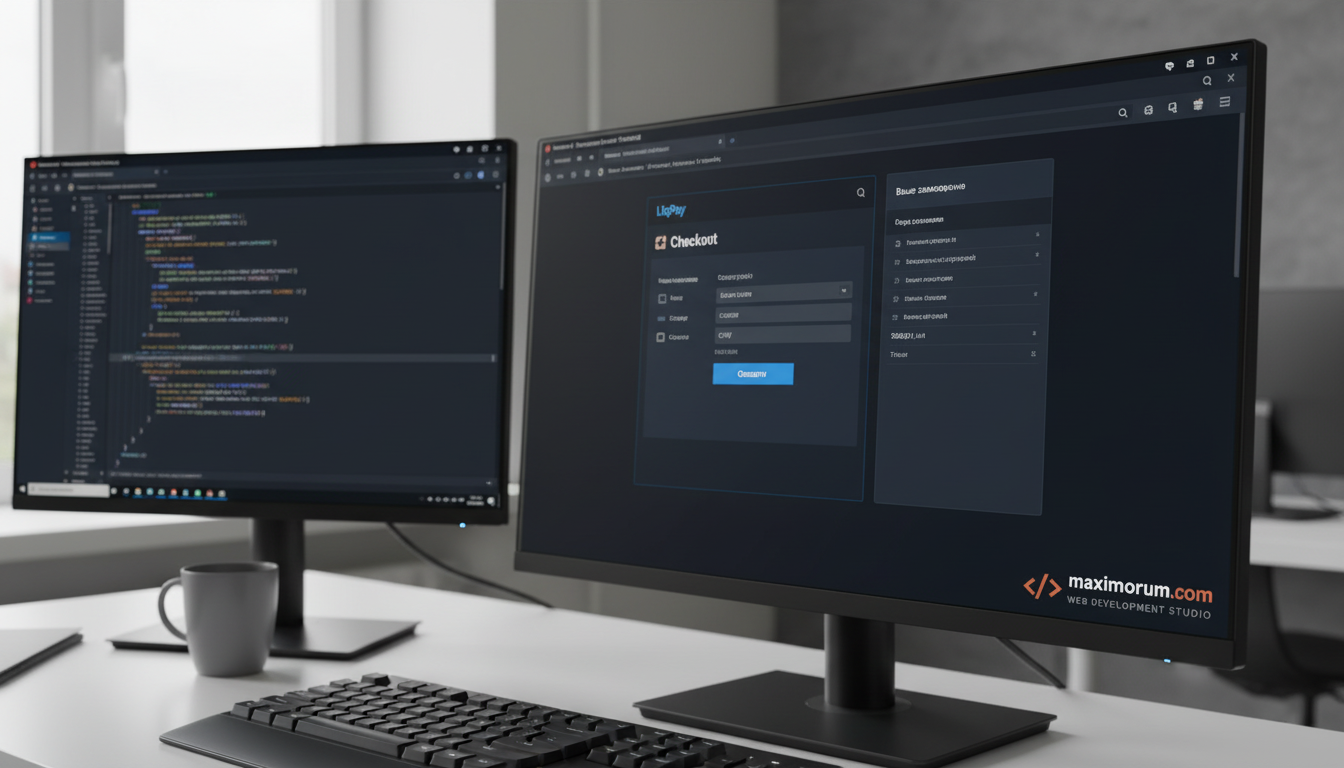 Монітор розробника з інтерфейсом LiqPay checkout та PHP-кодом обробки webhook на фоні