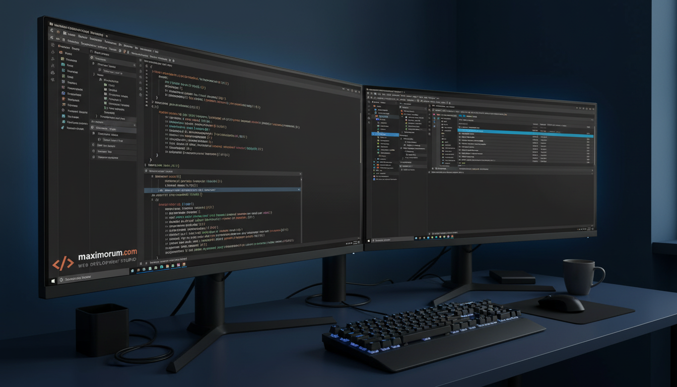 Developer workstation with Laravel API code on dual monitors in a professional technical office