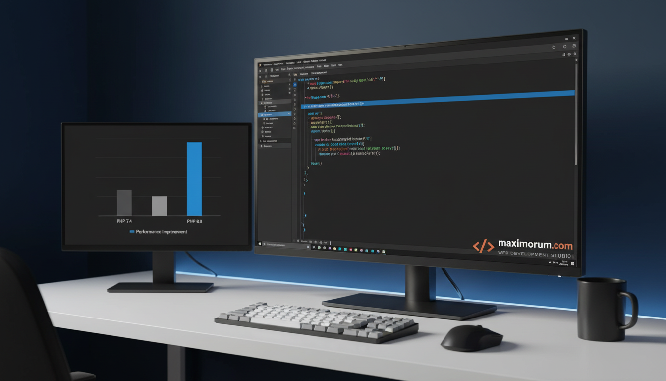 PHP 8.3 код у темній IDE на моніторі розробника в сучасному офісі