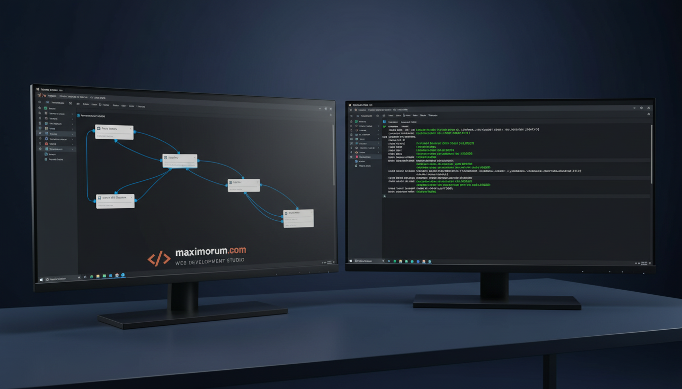 n8n workflow automation canvas connected to Laravel API and Nova Poshta endpoints on dual monitors in a professional office