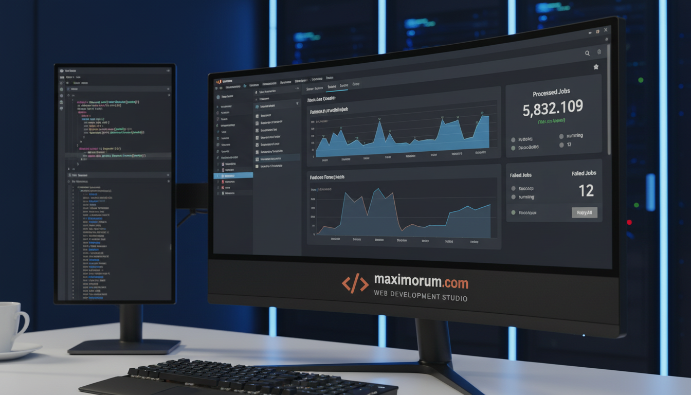 Laravel Horizon queue dashboard on a monitor in a modern development office