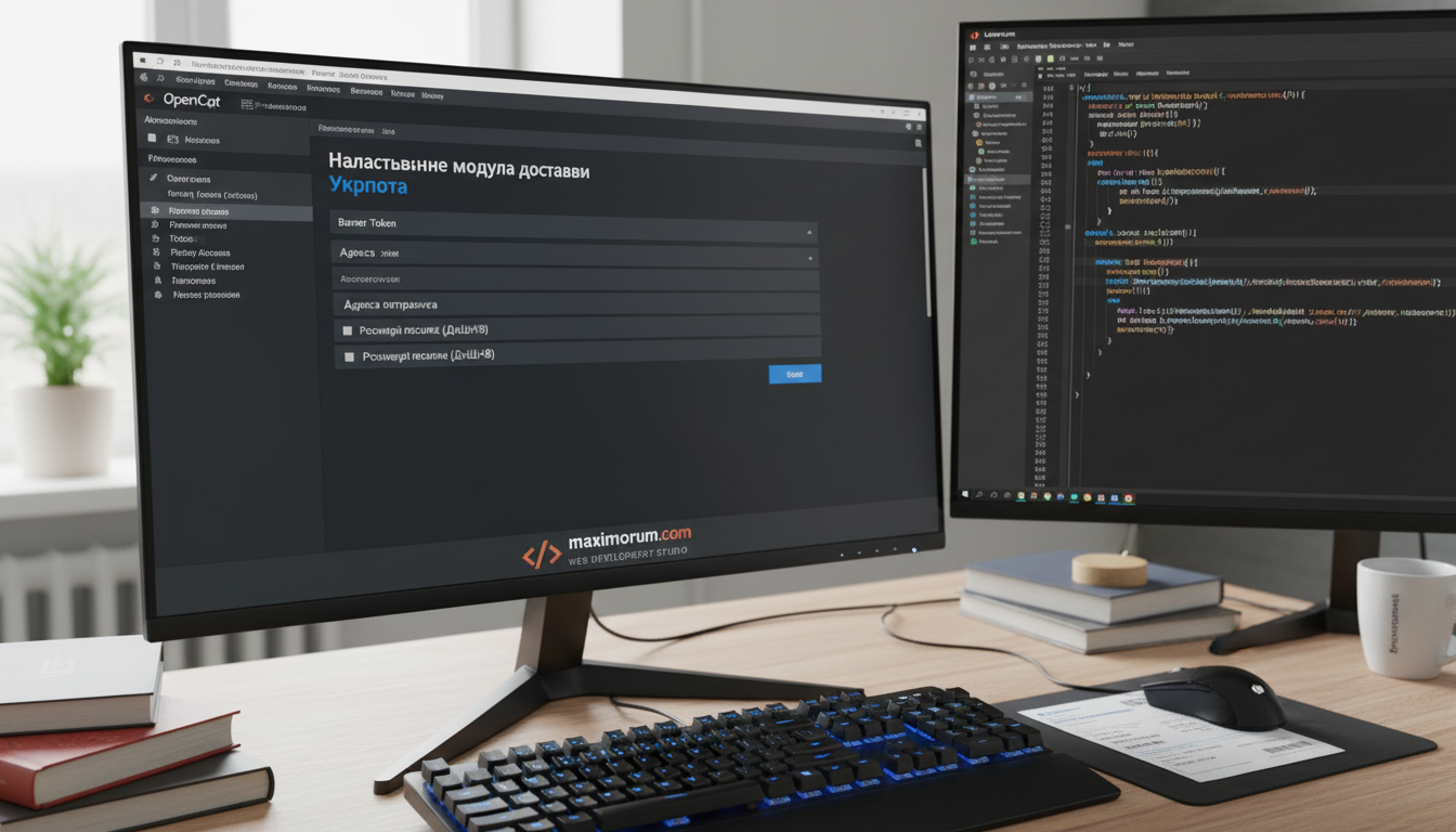 OpenCart адмін-панель з налаштуваннями модуля Укрпошти та редактор Laravel-коду на другому моніторі