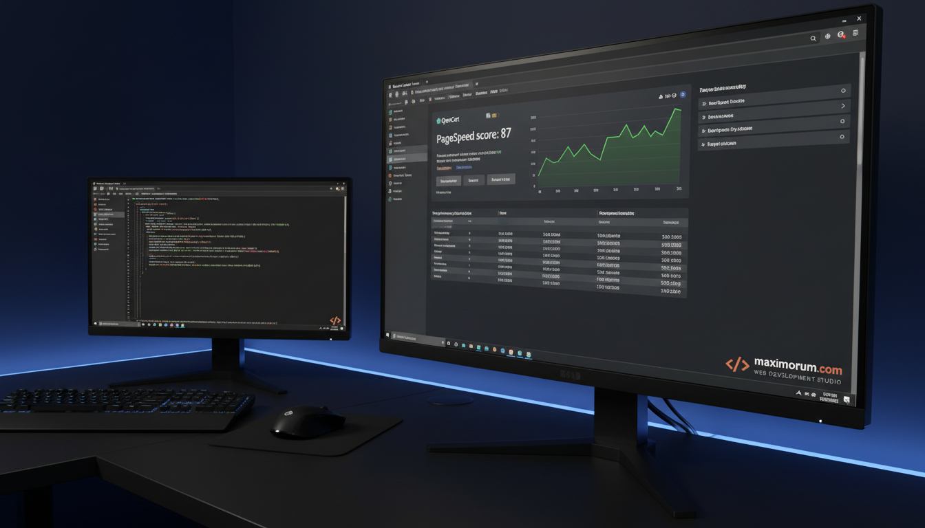 OpenCart performance dashboard showing improved PageSpeed scores and query metrics on a developer monitor