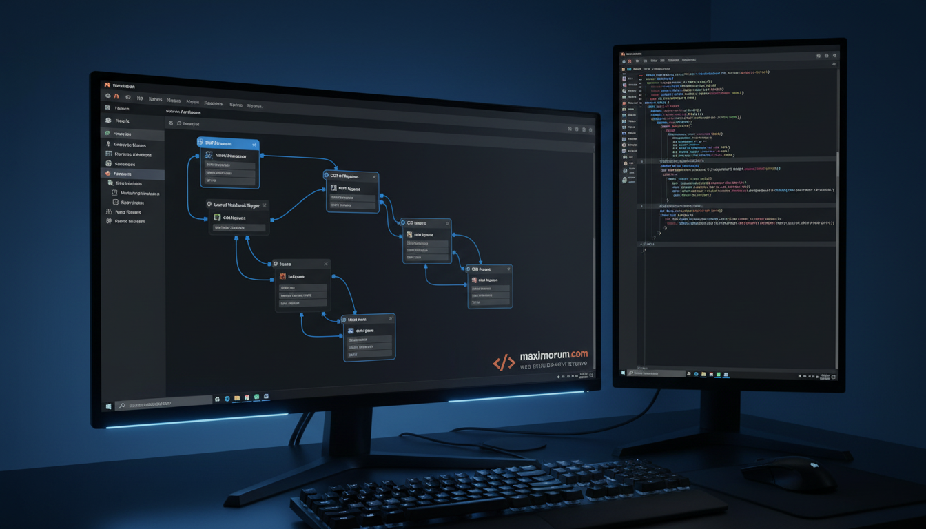 n8n workflow automation canvas connected to a Laravel application on a developer monitor