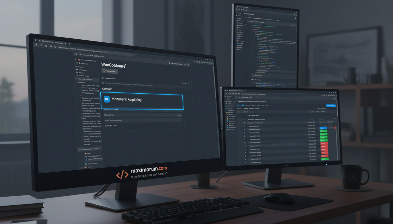 WooCommerce чекаут із Monobank Acquiring та PHP webhook logs на моніторі в офісі