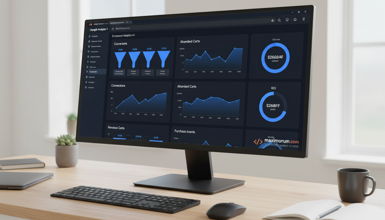 GA4 e-commerce dashboard with conversion funnel and purchase event tracking