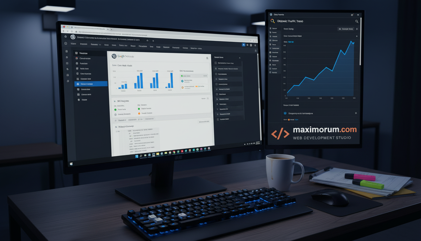 WordPress SEO dashboard з Core Web Vitals та аналітикою Google Search Console на моніторі розробника