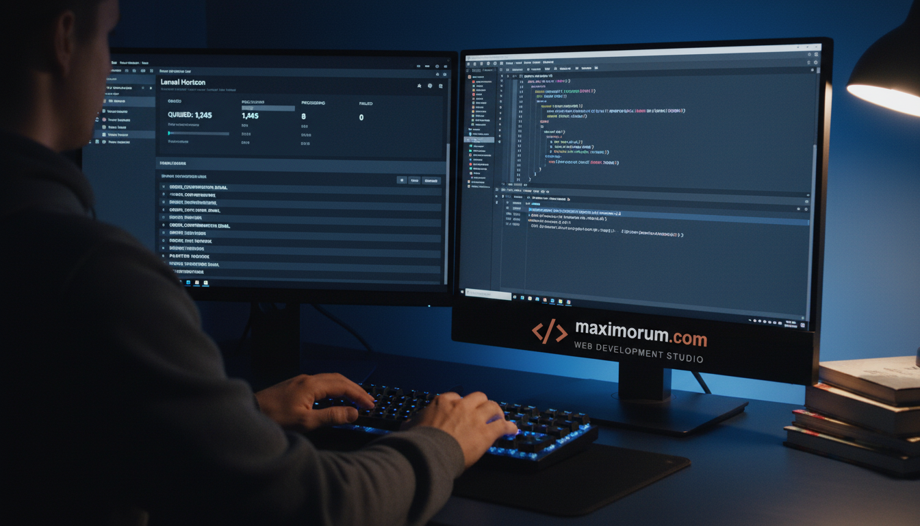 Laravel queue dashboard on developer monitors in a dark technical office