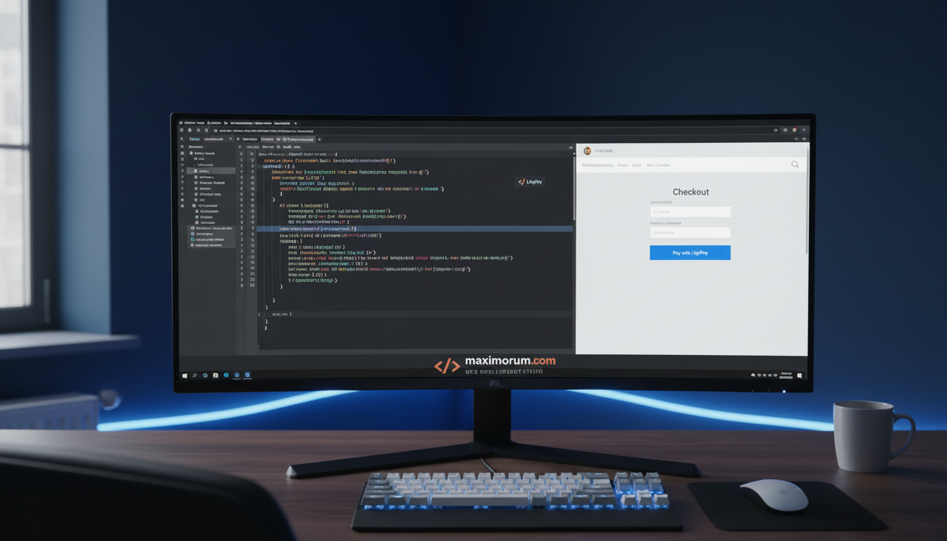 Laravel developer workspace showing LiqPay API integration code on a monitor