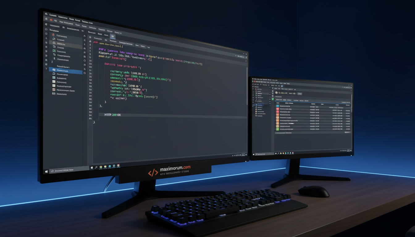 Developer workstation showing Laravel code with Monobank webhook integration