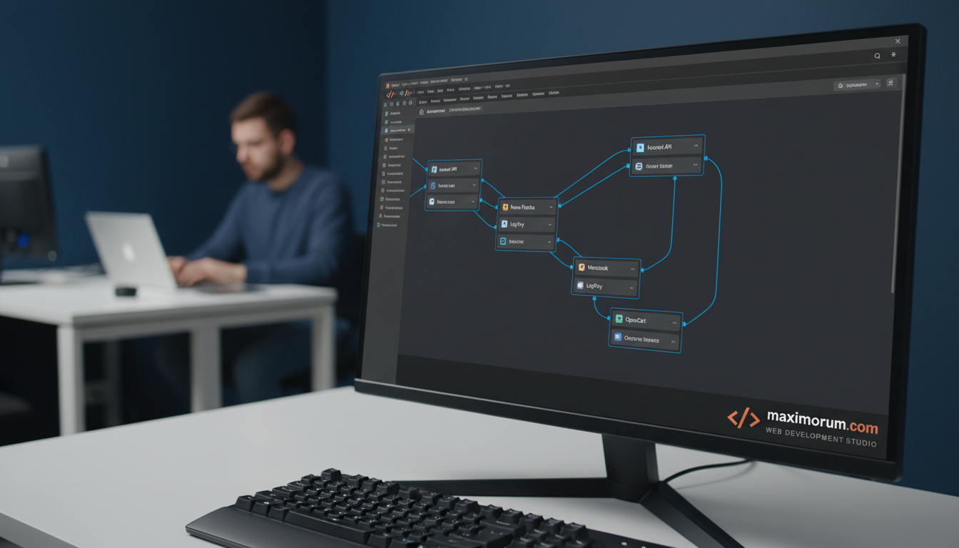 n8n workflow automation canvas connected to Laravel, Nova Poshta, LiqPay and Monobank nodes on a monitor in a modern tech office