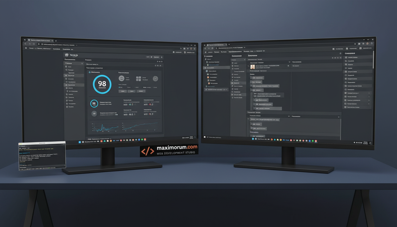 Dual-monitor setup showing Next.js Lighthouse score 98 and WordPress Gutenberg editor — headless architecture in a technical office