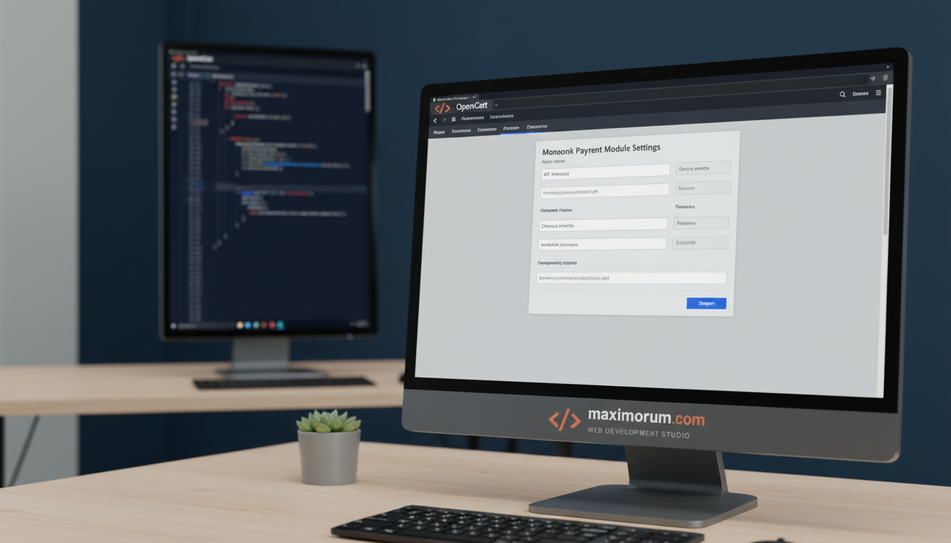 OpenCart адмін-панель з модулем оплати Monobank та PHP-кодом інтеграції на другому моніторі