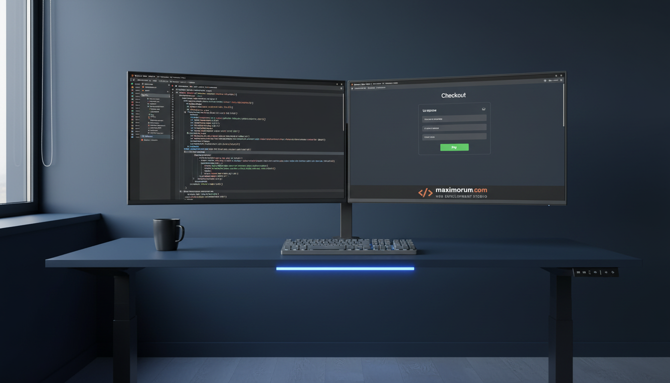 Laravel IDE with LiqPay payment integration code on dual monitors in a navy office