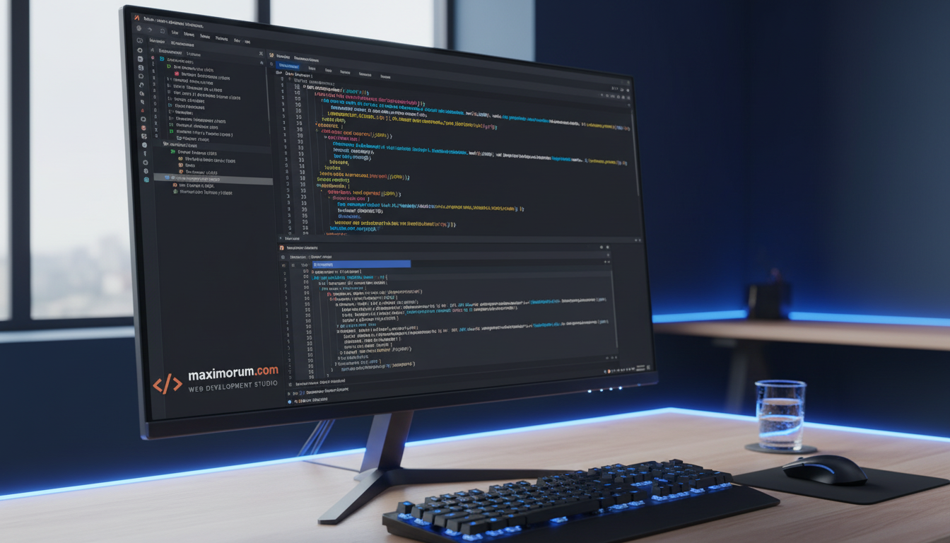 Laravel REST API development — VS Code with API routes and JSON response on a developer monitor