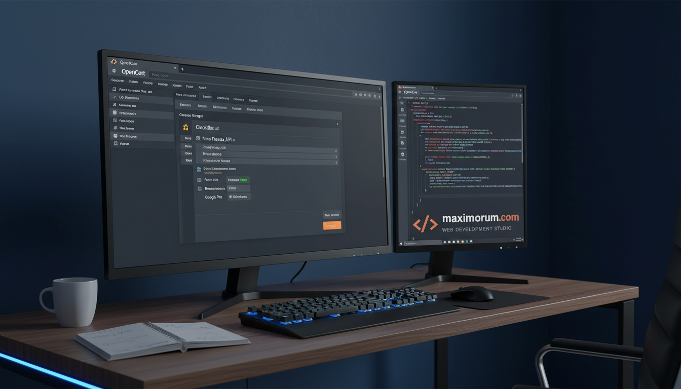 OpenCart admin panel showing Nova Poshta and LiqPay integration settings on a developer monitor