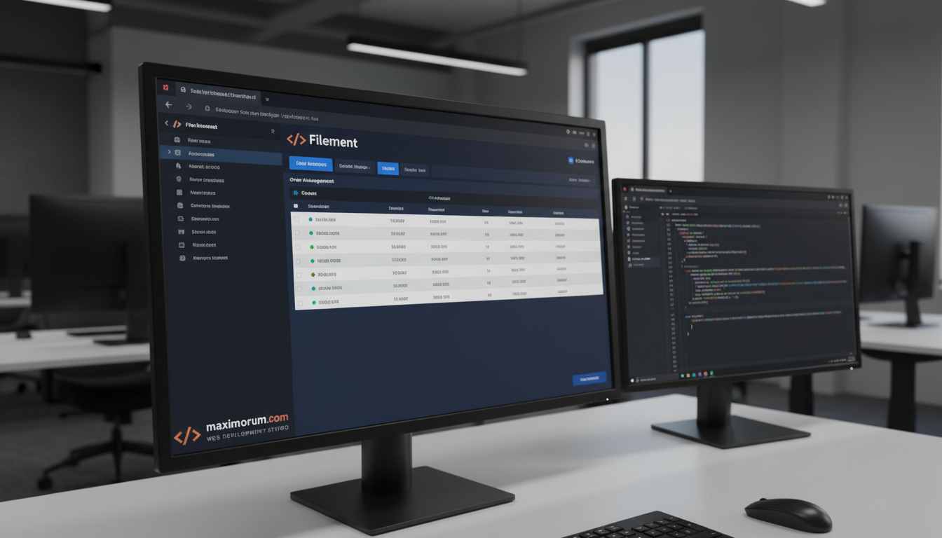 Laravel Filament admin dashboard on a monitor in a modern tech office — MaxiMoruM