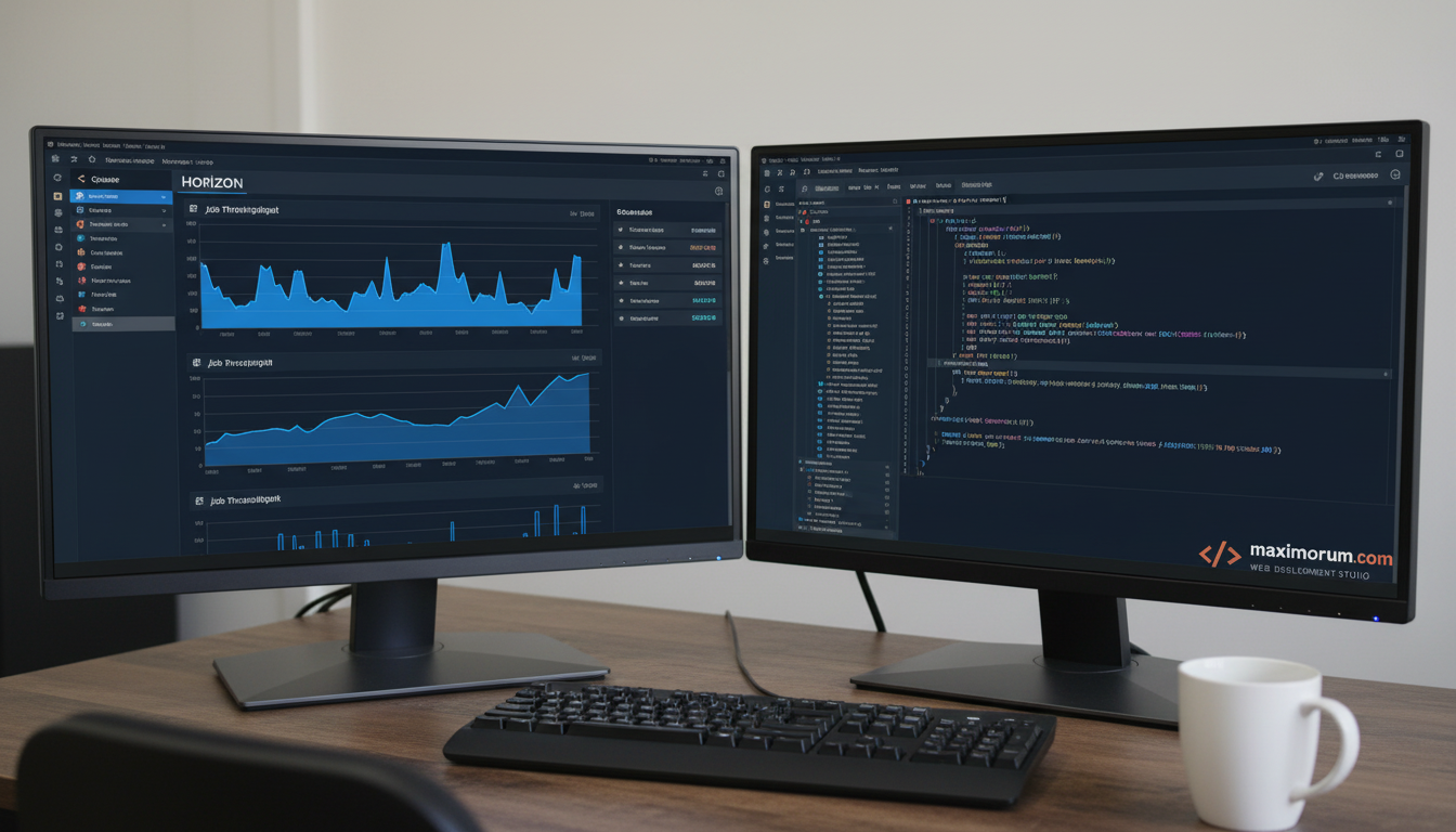 Laravel Horizon queue dashboard on a developer workstation