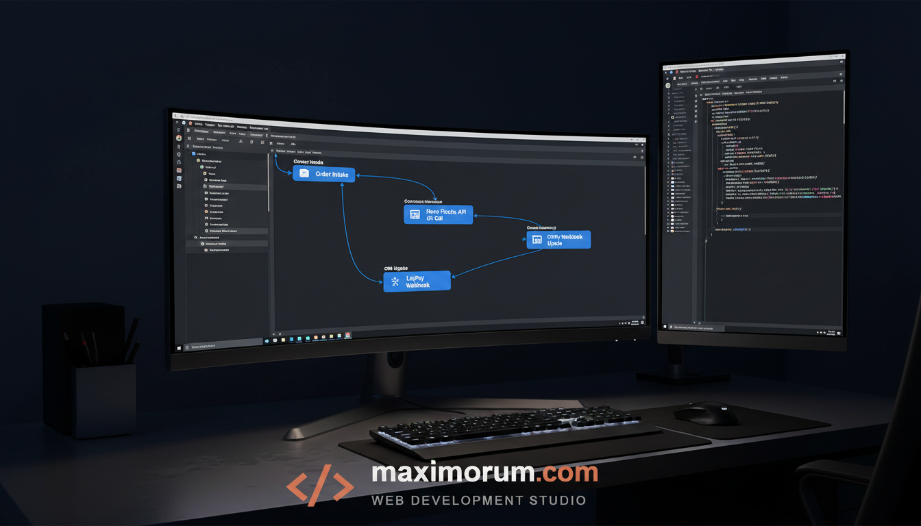n8n workflow automation diagram on a developer monitor connected to a Laravel backend