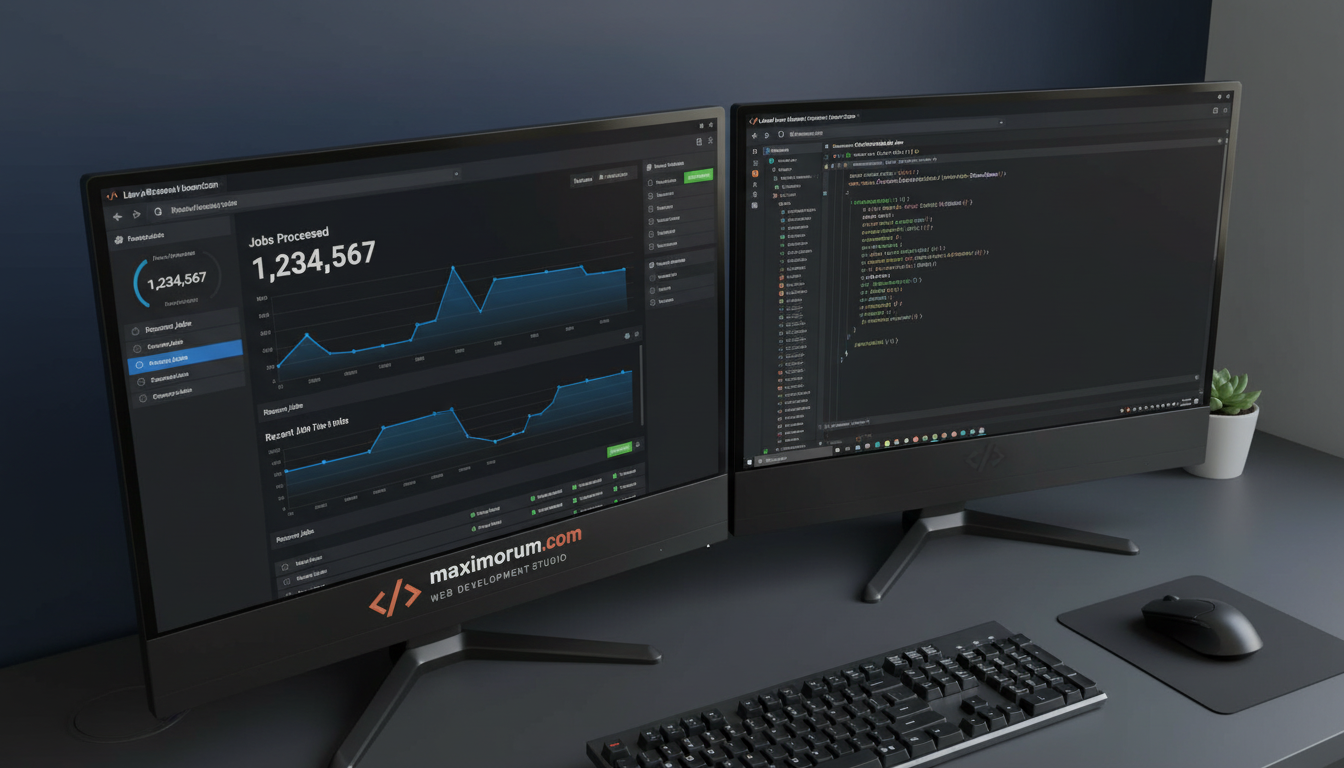 Laravel Horizon dashboard showing real-time queue metrics and job throughput on a developer workstation