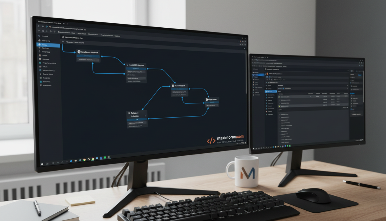 n8n workflow canvas з підключеними вузлами WordPress, Laravel, Nova Poshta та Telegram