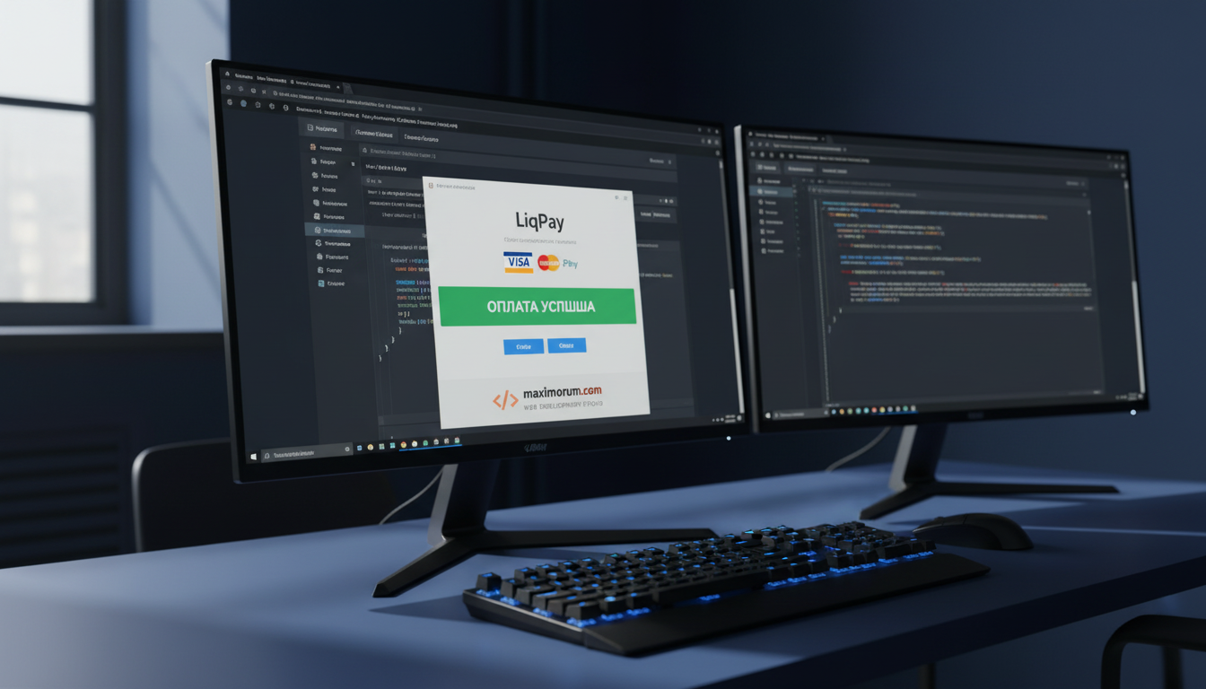 Панель адміністратора OpenCart із формою оплати LiqPay на моніторі в технічному офісі