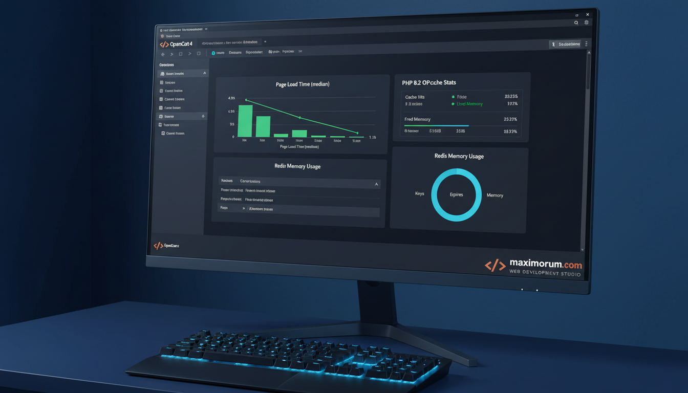 OpenCart 4 performance dashboard showing load time improvement from 4.8s to 1.1s