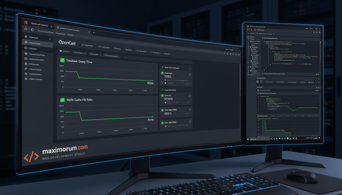 OpenCart performance dashboard showing Redis cache hit ratio and database query time improvements