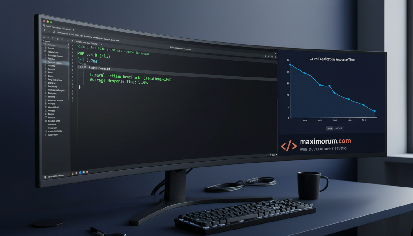 PHP 8.3 Laravel performance — terminal benchmark on a monitor in a professional office