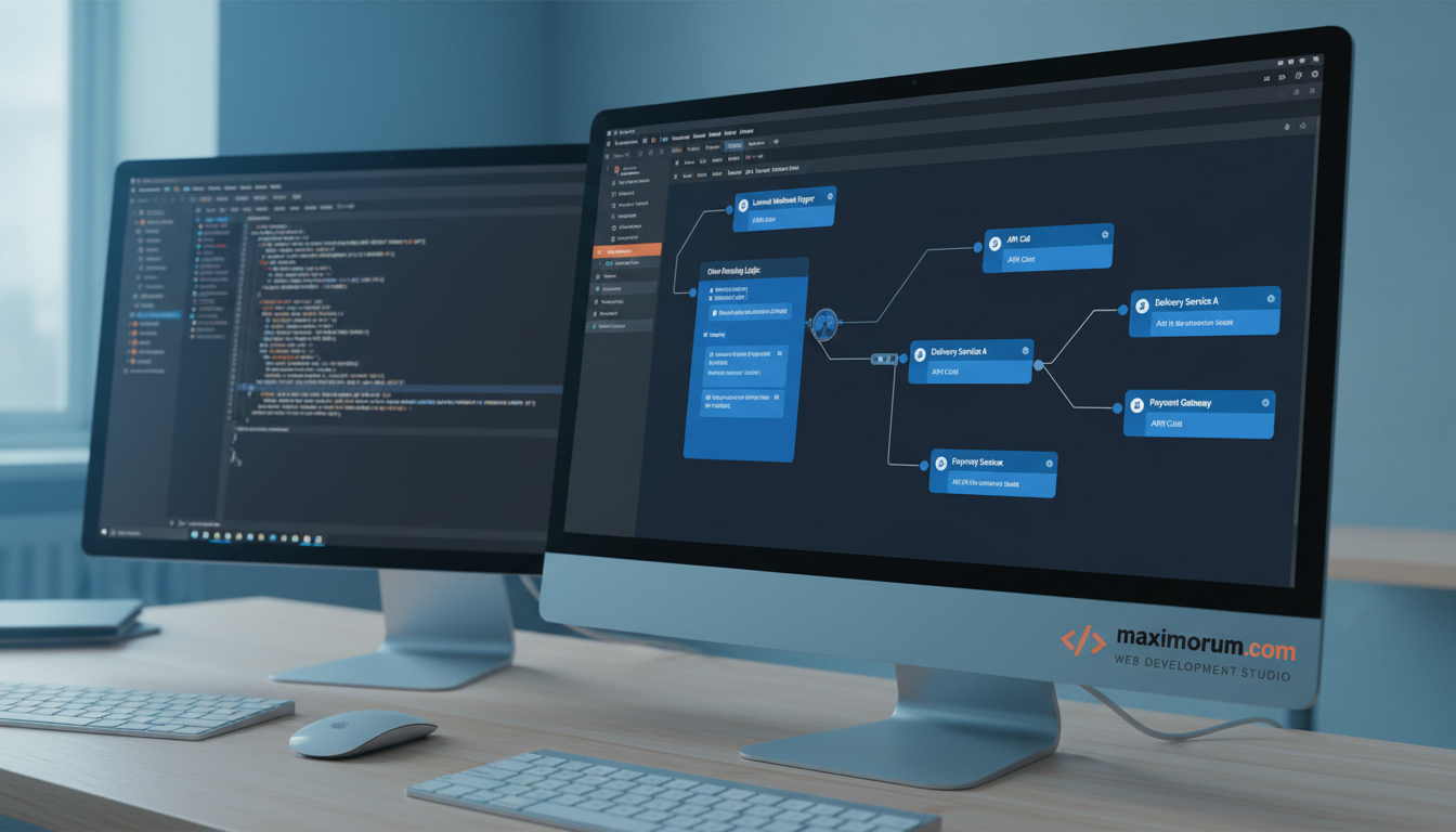 n8n workflow canvas connected to a Laravel backend in a technical office setting