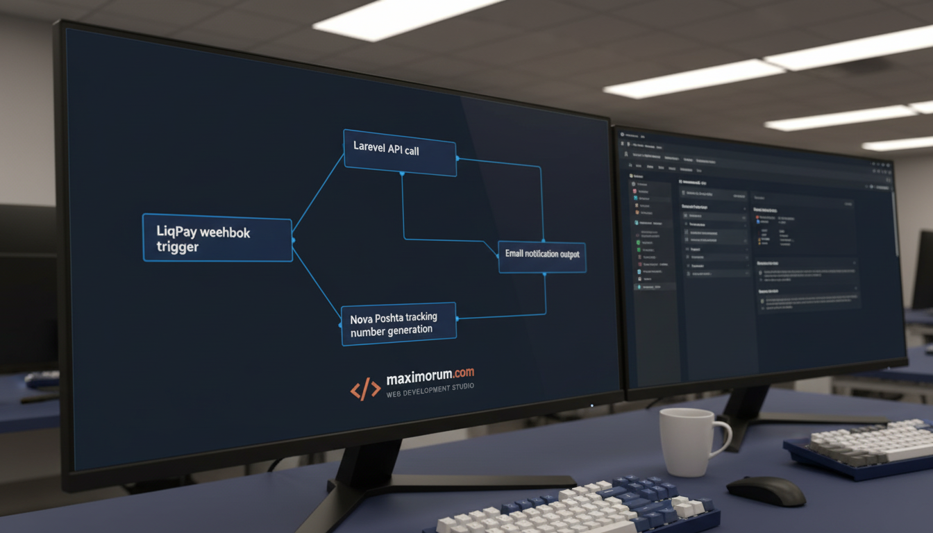 n8n workflow canvas connected to Laravel API, LiqPay and Nova Poshta nodes on a dark navy office monitor