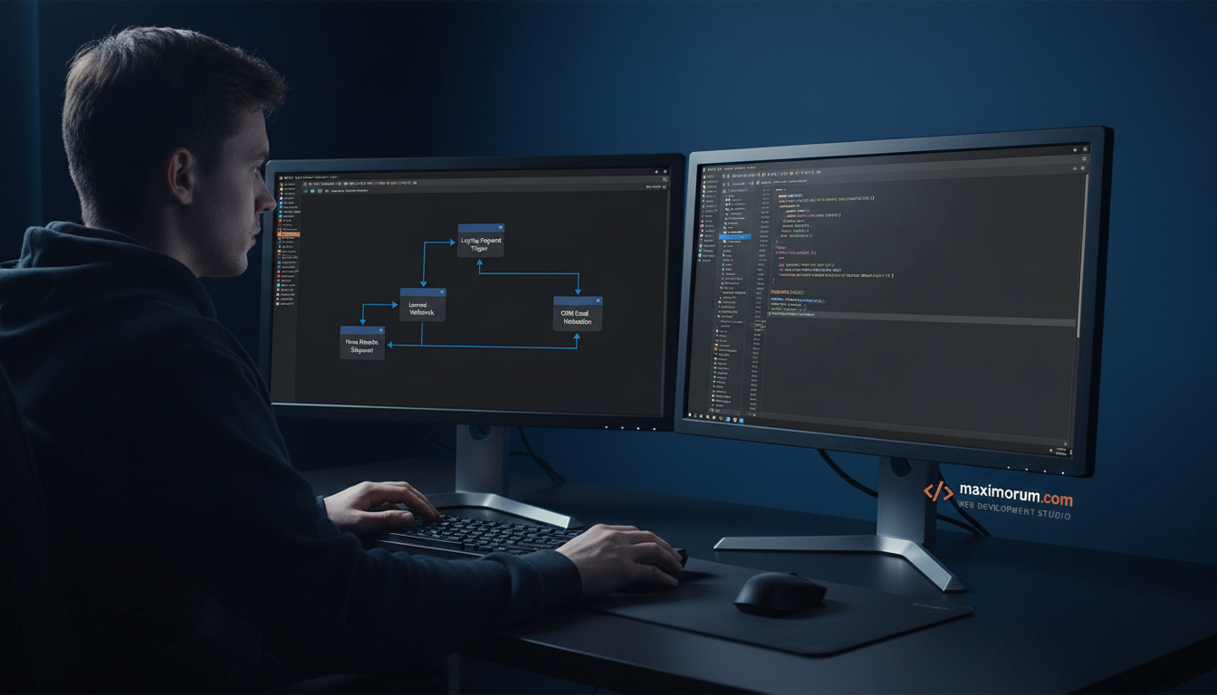 n8n workflow automation dashboard connected to Laravel API on office monitors