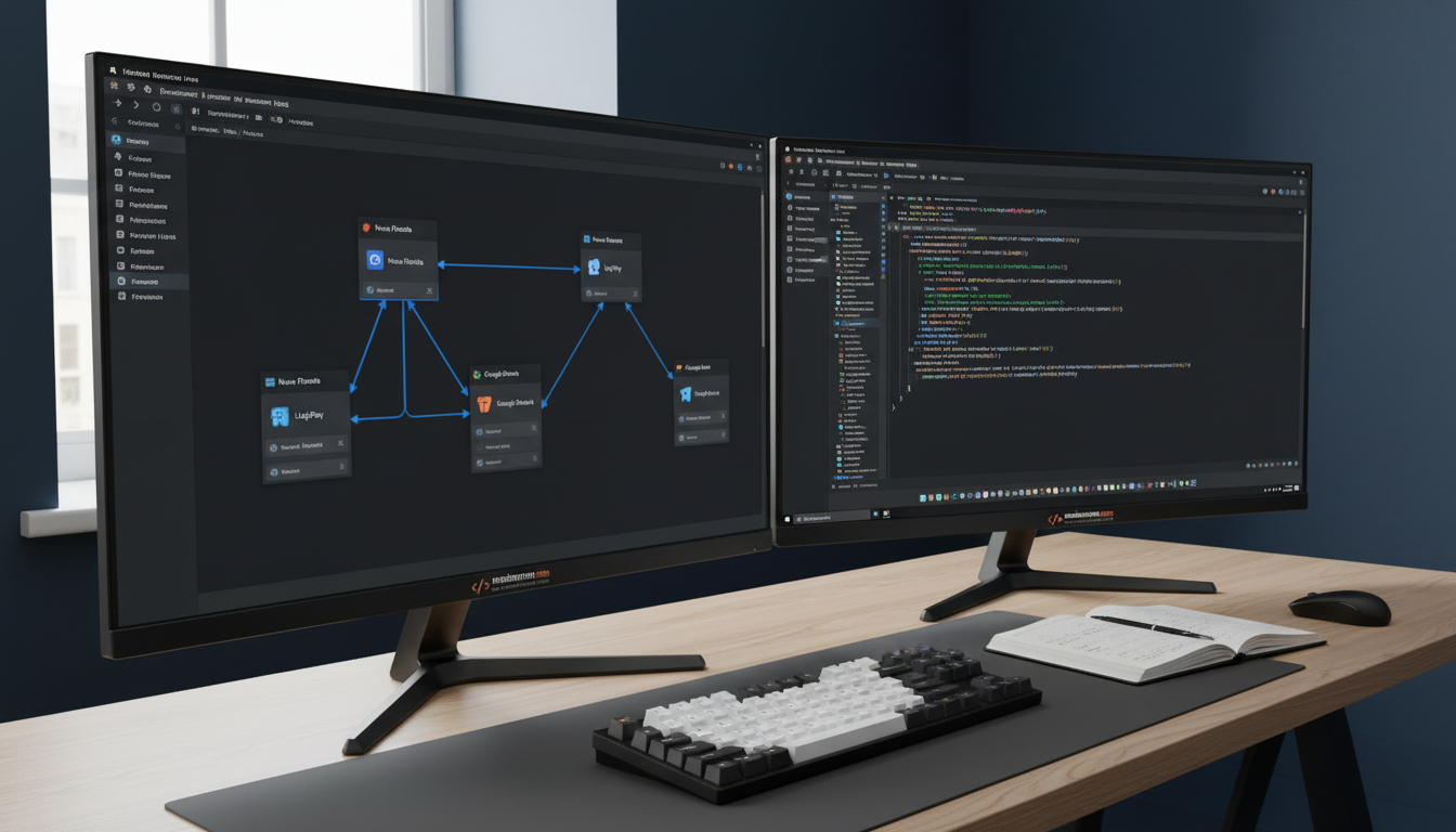 Монітор з відкритим редактором n8n-workflow — підключені вузли Nova Poshta, LiqPay, Laravel webhook та Telegram