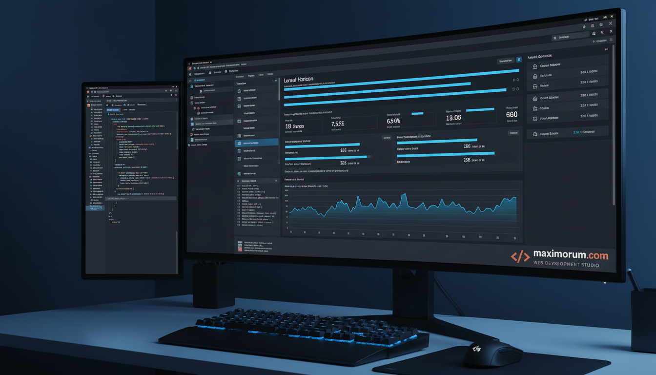 Laravel Horizon dashboard on a developer monitor — real-time queue metrics and worker status