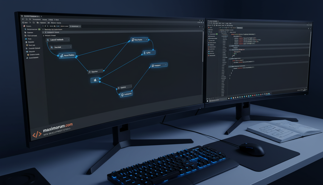 n8n workflow canvas connected to Laravel backend in a technical office setup