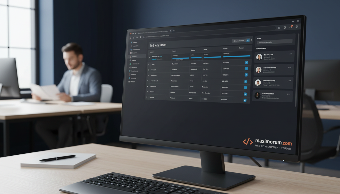 Дашборд Laravel-застосунку з документообігом і CRM на моніторі в сучасному корпоративному офісі