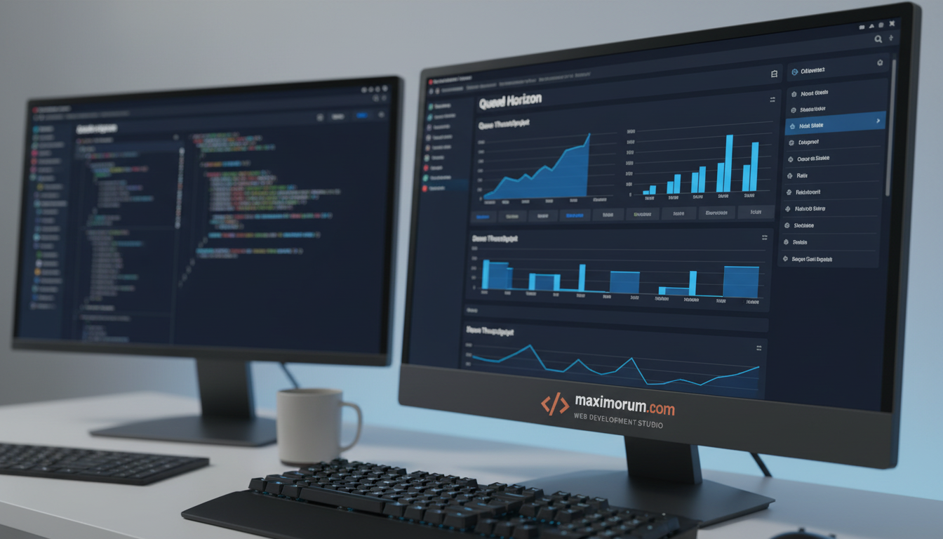 Laravel Horizon queue dashboard on a monitor in a technical office environment