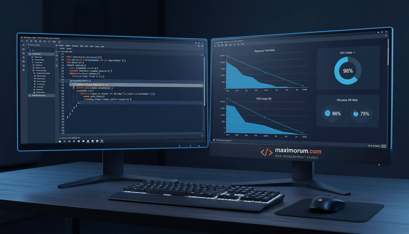 Developer workstation showing Laravel PHP 8.3 code and performance dashboard