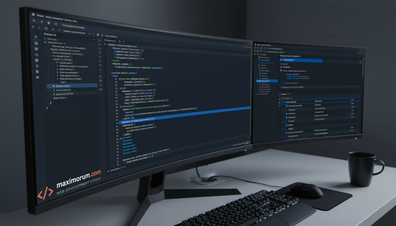 Laravel REST API architecture — professional developer workspace with code editor showing API routes