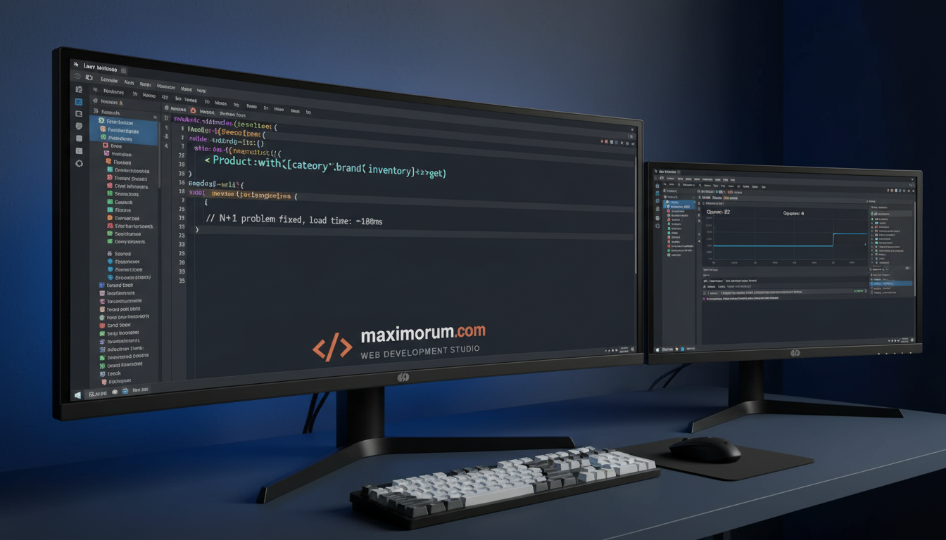 Laravel Eloquent query optimization on a developer's monitor in a professional office