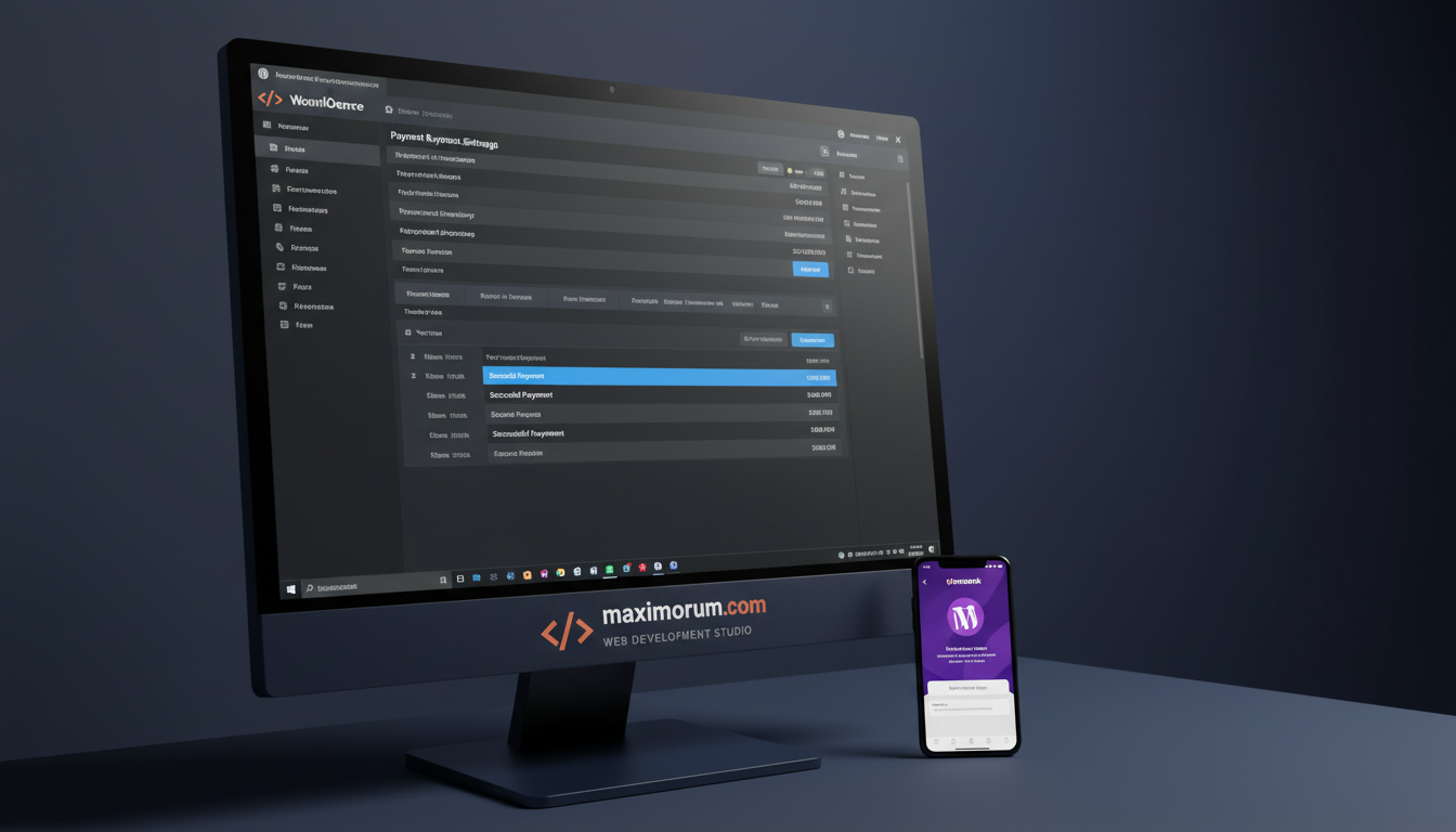 Панель WooCommerce з налаштуваннями Monobank Acquiring та журналом транзакцій на моніторі в технічному офісі