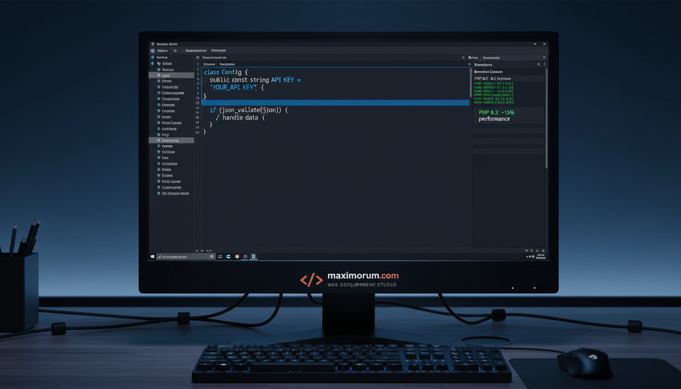 PHP 8.3 код у редакторі з типізованими константами та результатами бенчмарку у терміналі