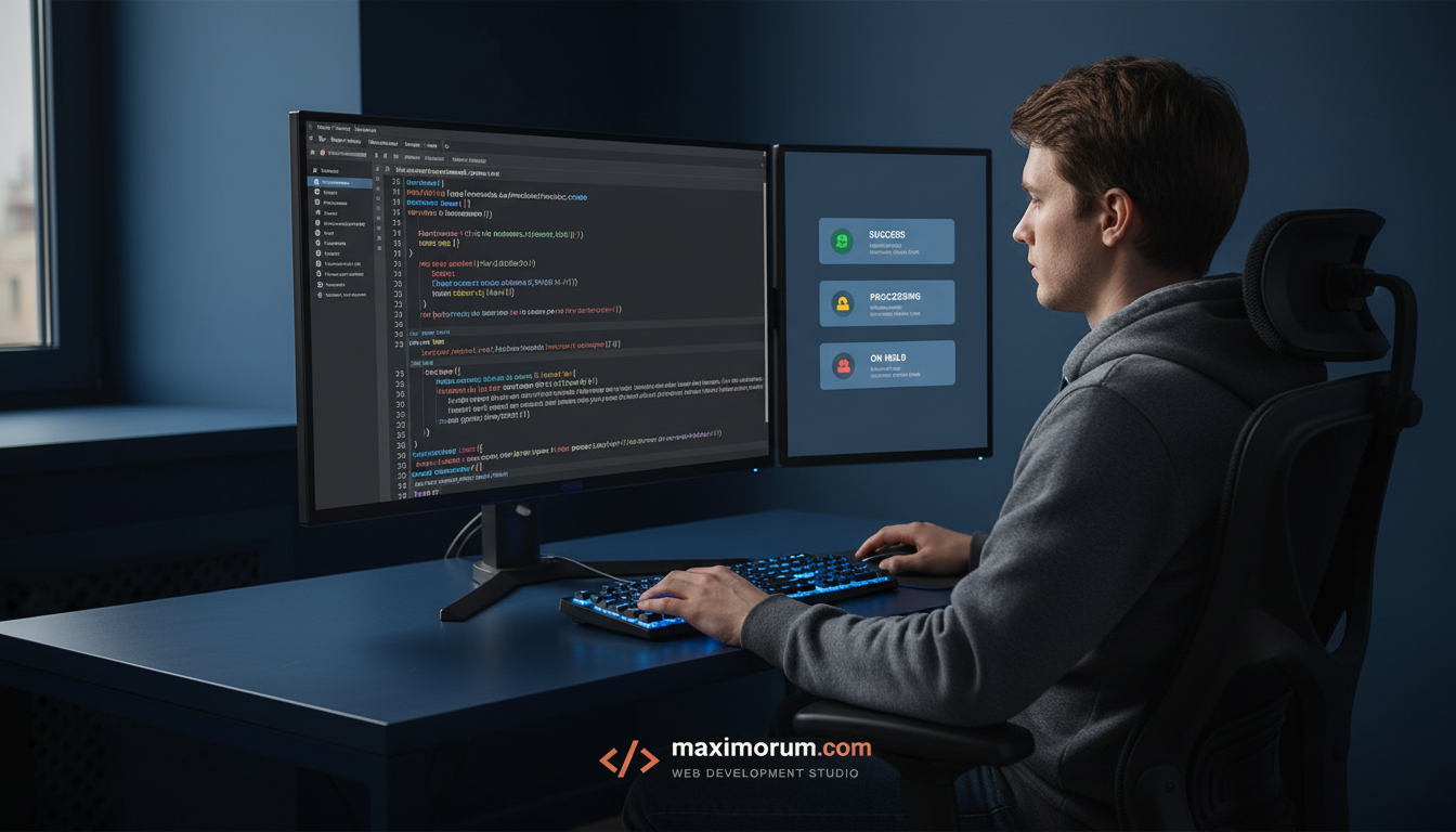 Laravel developer integrating Monobank Pay API at a workstation with code editor open