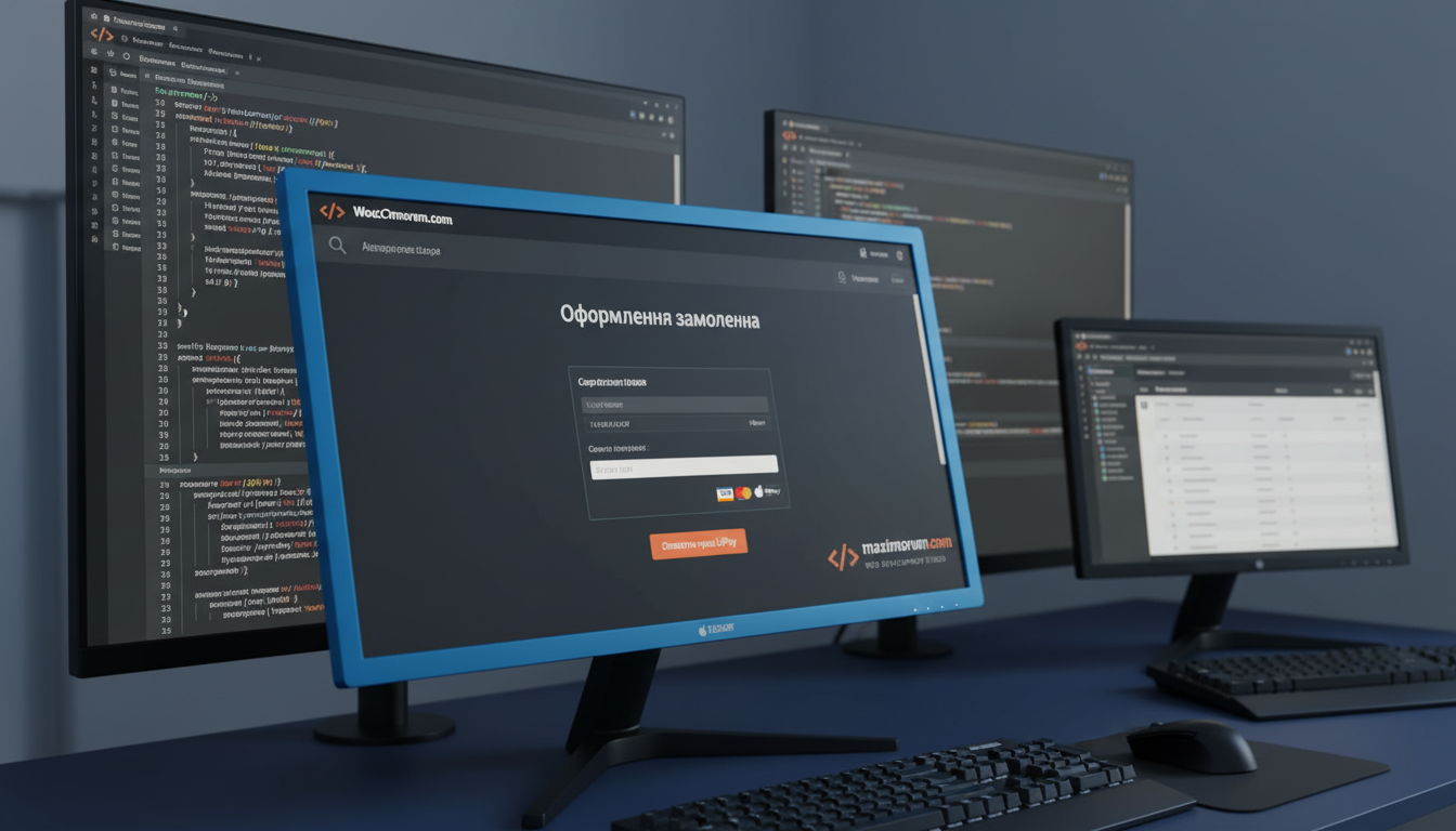WooCommerce магазин з LiqPay платіжною формою на моніторі в офісі