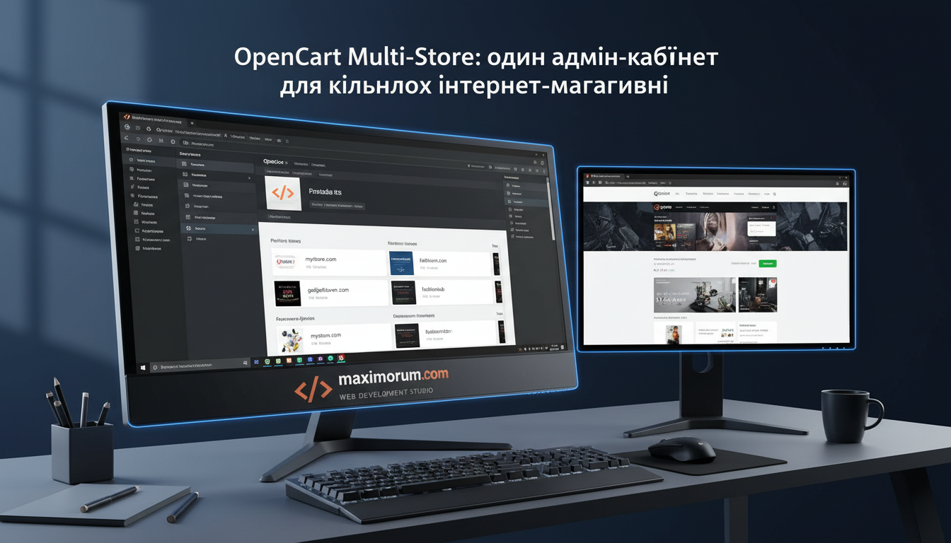OpenCart 4 admin panel with multi-store management interface showing multiple store domains